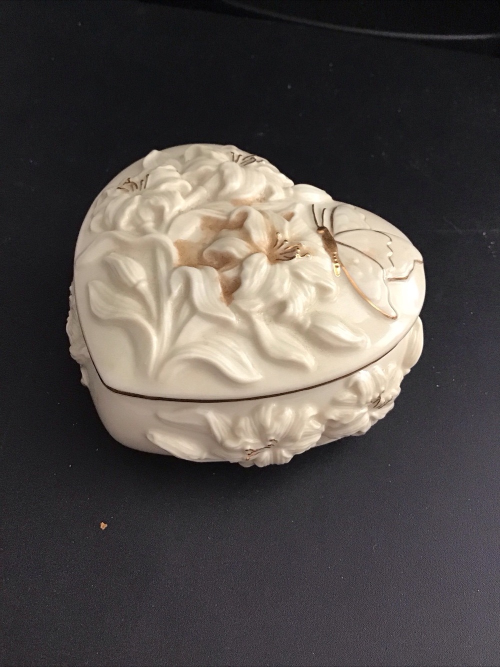 Lenox Porcelain Heart-Shaped Floral and Butterfly Jewelry Box in Cream
